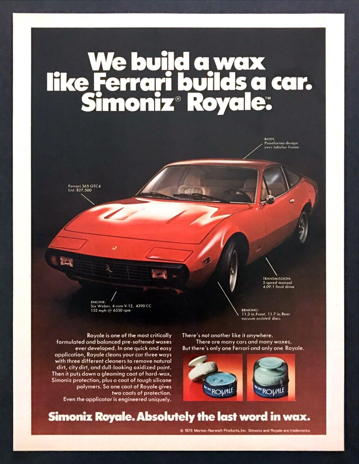 1973 Red Ferrari 365 Gtc4 Coupe Photo Simoniz Royale Wax Vintage Print Ad