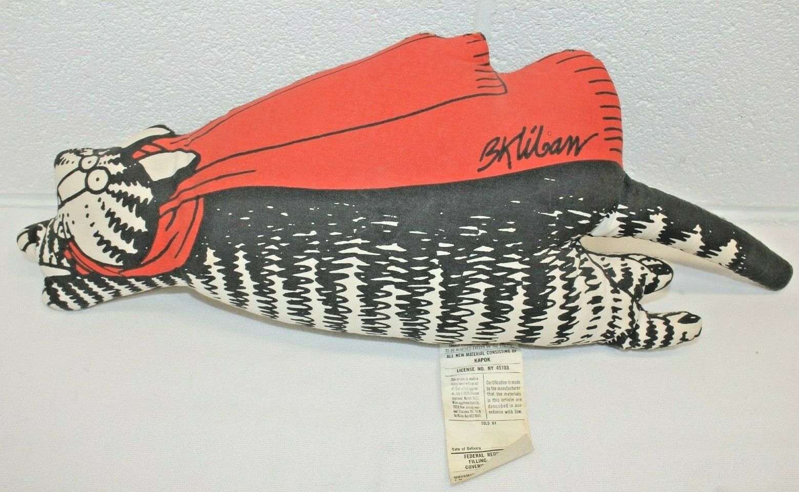 Vintage Htf B. Kliban Stuffed Cat W/ Red Scarf Flying 20” Plush Accent Pillow