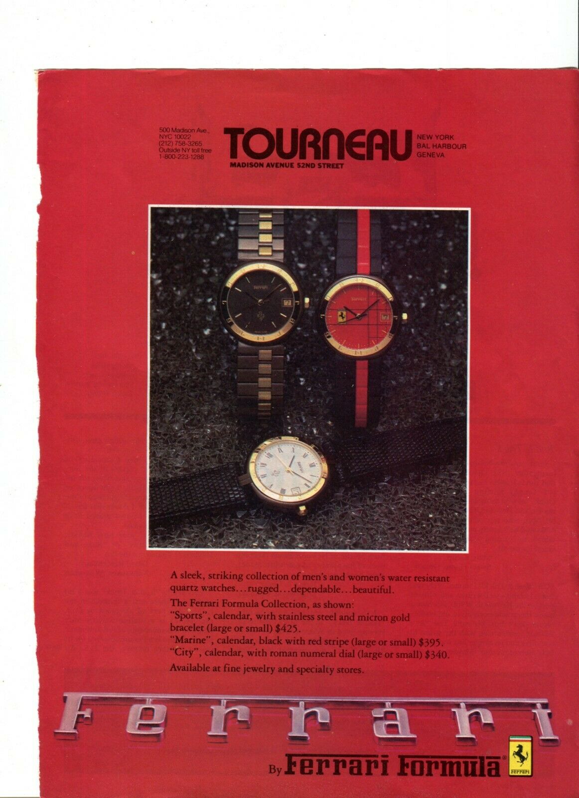 Vintage Tourneau Watch Magazine Ad For Ferrari Collection - Man Cave Garage Art
