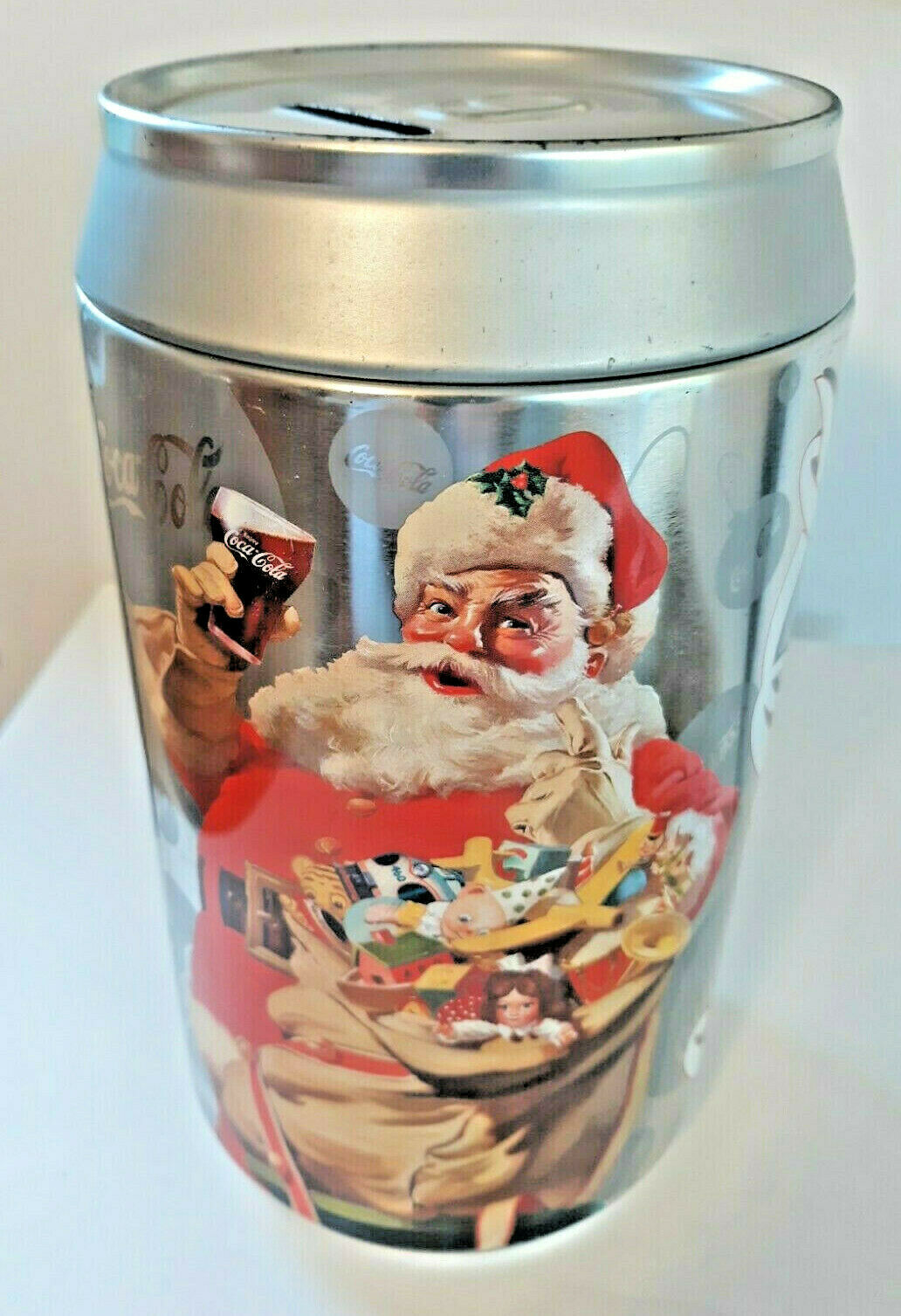 Coca Cola Tin Can Bank 7.75" Tall 4.25" Santa Christmas 2000 Removable Top