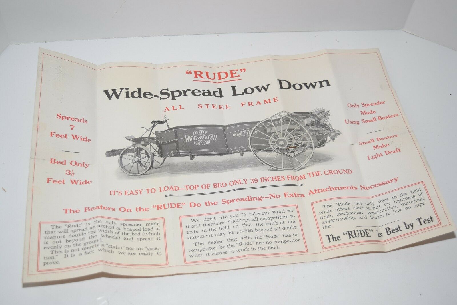 Antique Ca.1910 Rude Mfg. Co. "rude" Wide Spread Manure Spreader Brochure