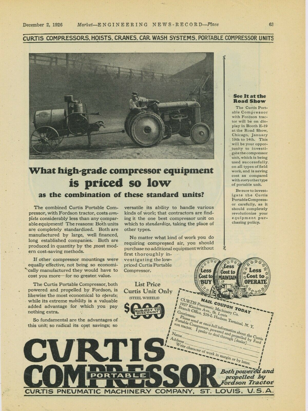 1926 Curtis Compressor Ad: Towed Unit Pictured W/ Fordson Tractor - St. Louis Mo
