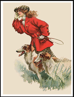 Borzoi Lady In A Red Coat With Two Dogs Vintage Style Image Dog Art Print Poster