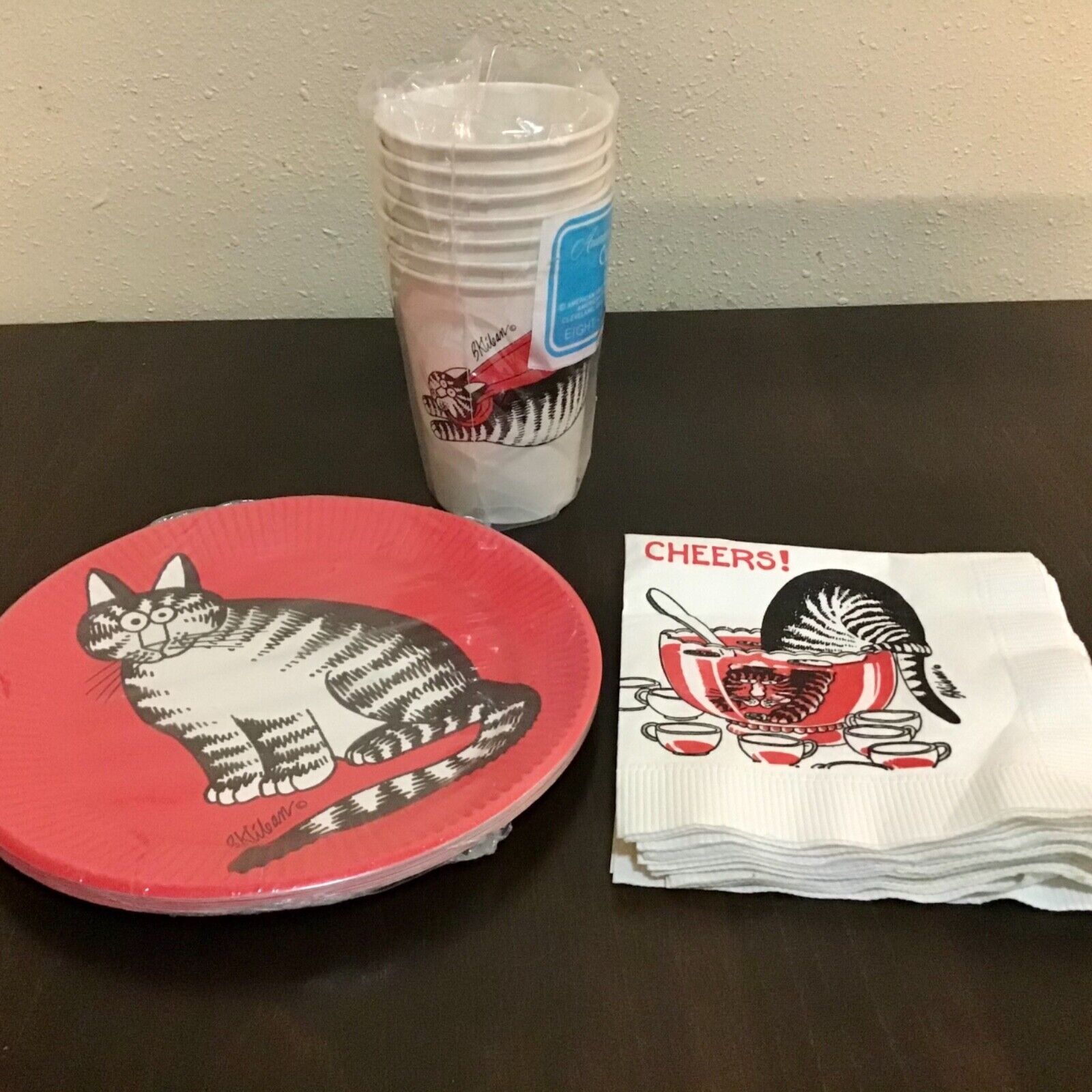 Vintage B. Kilban Cat Lot Of Party Supplies Napkins Cups Plates Serves 8 New Usa