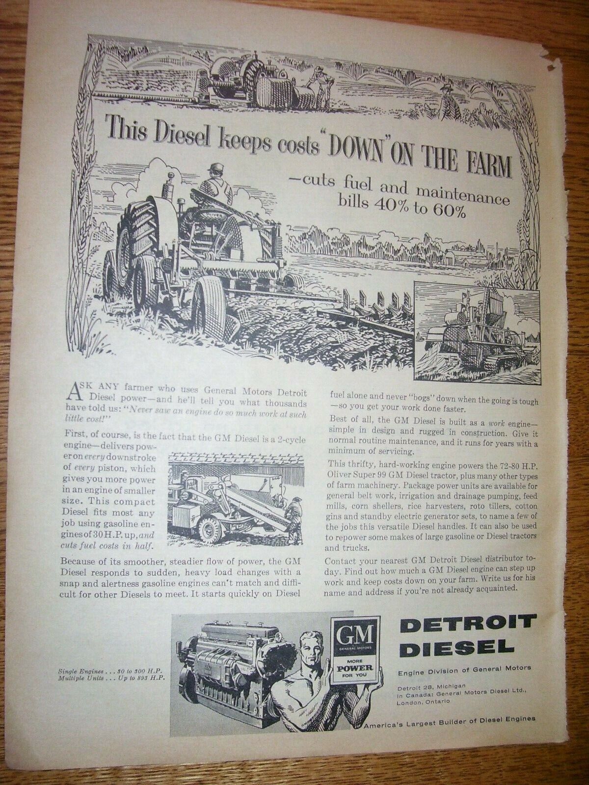 Vintage  Detroit Diesel Engine Advertising Page - Oliver  Super 99