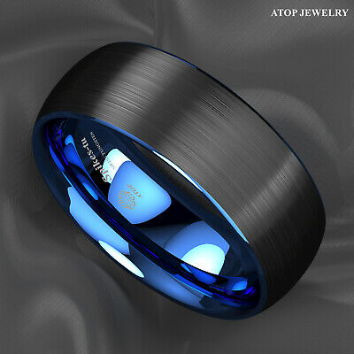 8mm Dome Brushed Blue Black Tungsten Ring Wedding Band Bridal Atop Mens Jewelry