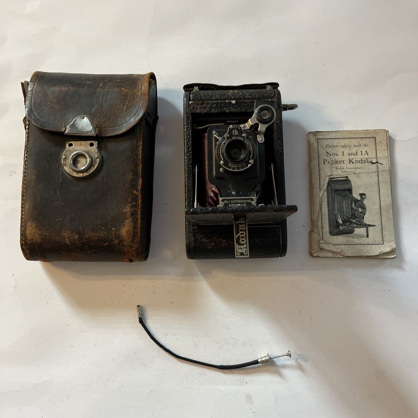 Vintage Kodak No. 1a Autographic Jr Folding Camera Manual Case & Cable For Parts