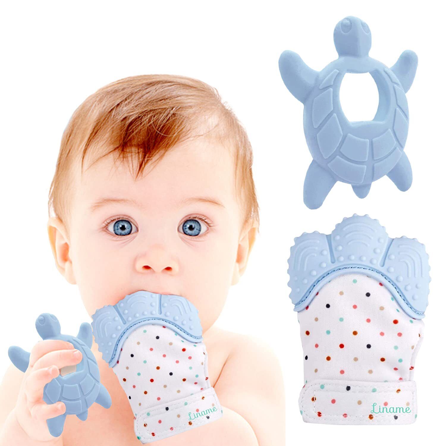 Liname 2 Pack Teething Mitten With Soothing Toy - Baby Chew Toy And Glove Gums