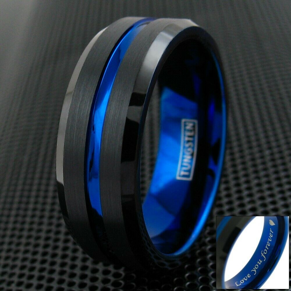 6/8mm Tungsten Carbide Men's Ring Thin Blue Line Black Brushed Wedding Band