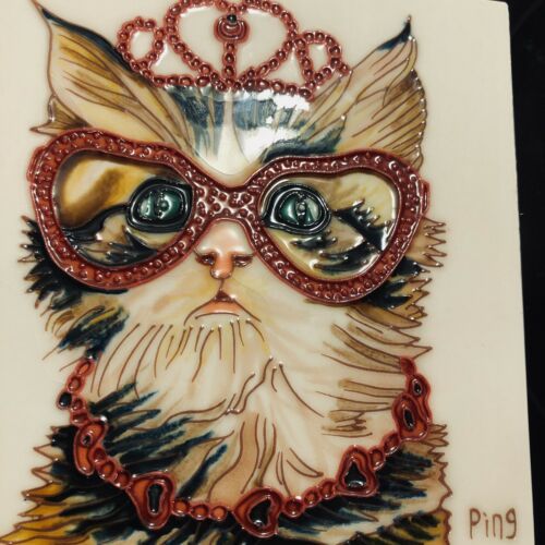 Signed Ping 8” Standing Ceramic Art Tile Cat Kitten Queen Of Hearts Glasses 3-d