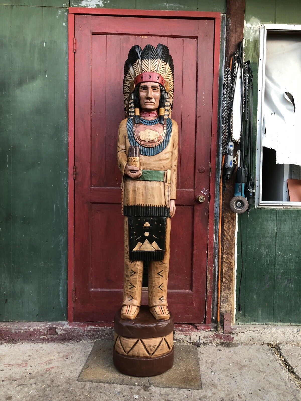 John Gallagher Carved Wooden Cigar Store Indian 6 Ft. Statue White Buffalo Knife
