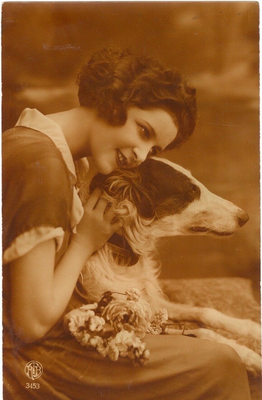 Rare Vintage Borzoi Dog & Lady Imported Sepia Postcard Belgium C1923