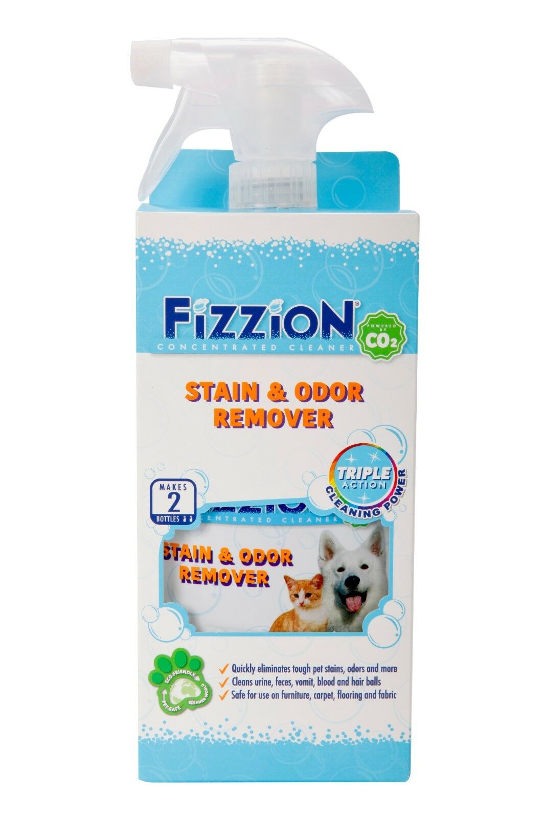 Fizzion Pet Stain & Odor Remover Cleaner 2 Tab & Spray Bottle Makes 2 Bottles