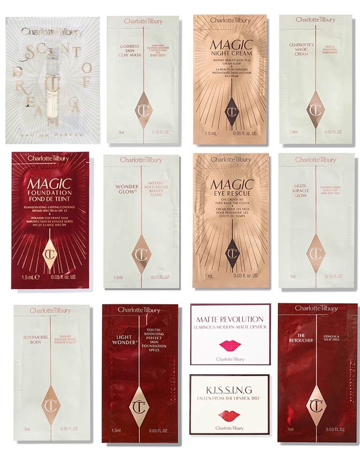 Charlotte Tilbury Samples Magic Cream, Foundation, Concealer, Primer, Lipstick