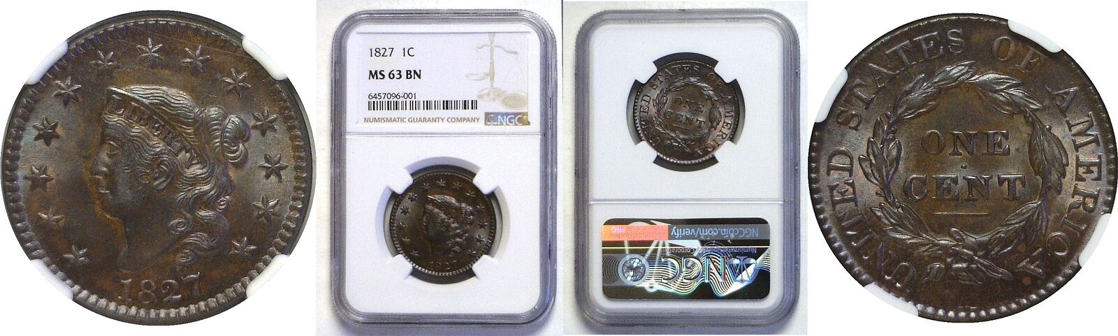 1827 Large Cent Ngc Ms-63 Bn